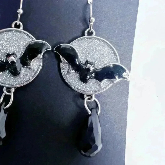 Bat Earrings Silver Sparkly Statement Dangling Earrings Halloween Gothic - Picture 3 of 4